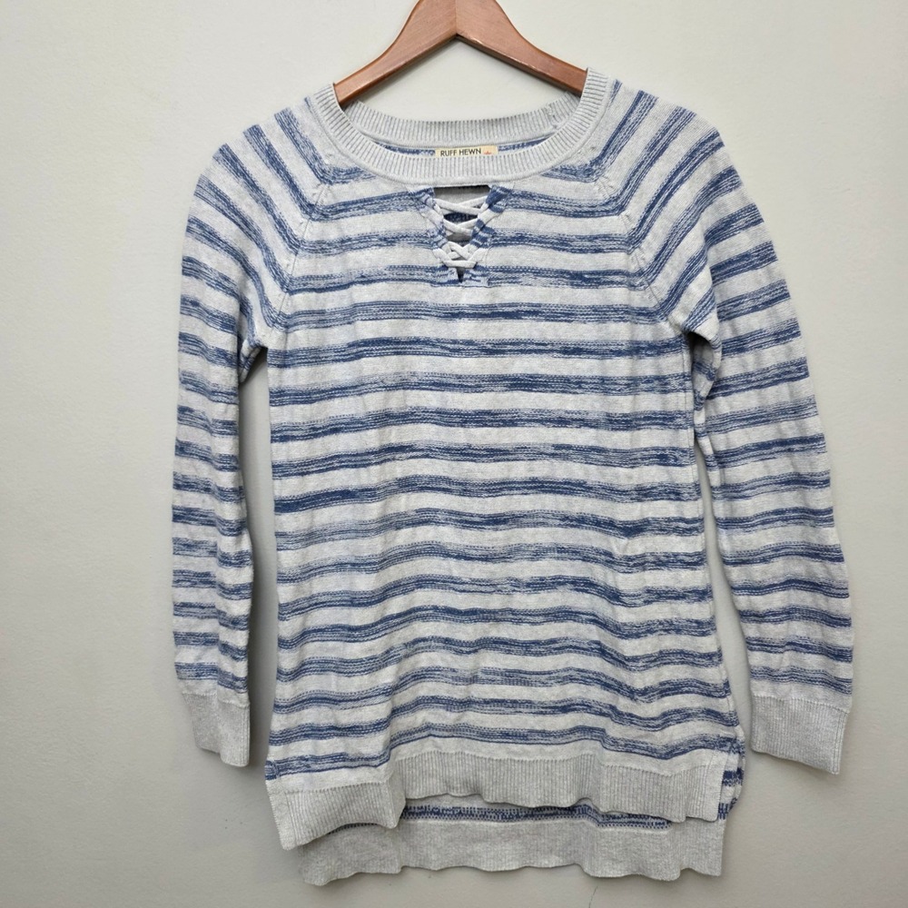 Ruff Hewn Sweater Womens Small Blue Grey Striped Lace Up V-Neck‎ Cotton Nautical